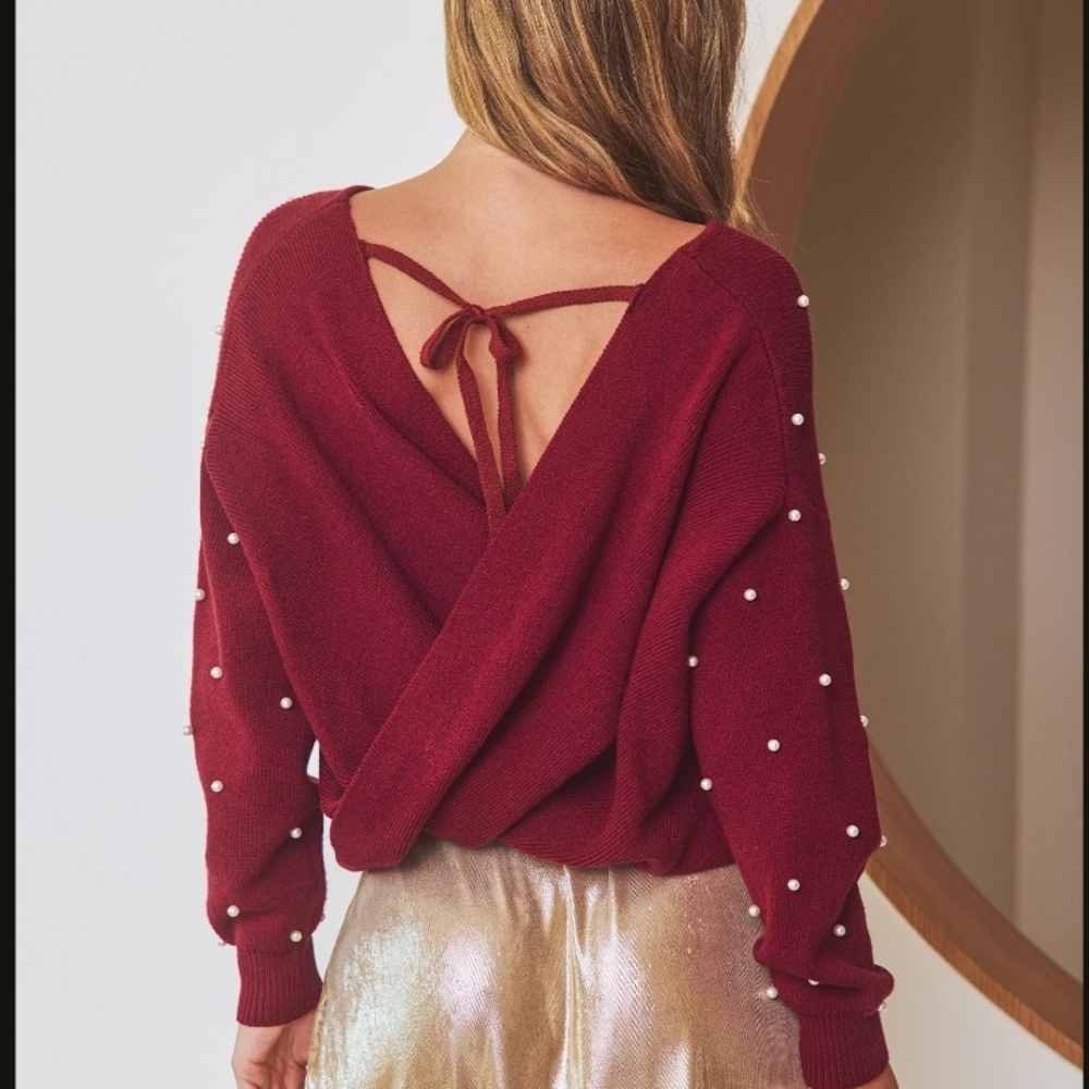 Elegant Burgundy Sweater with Pearl Detailing